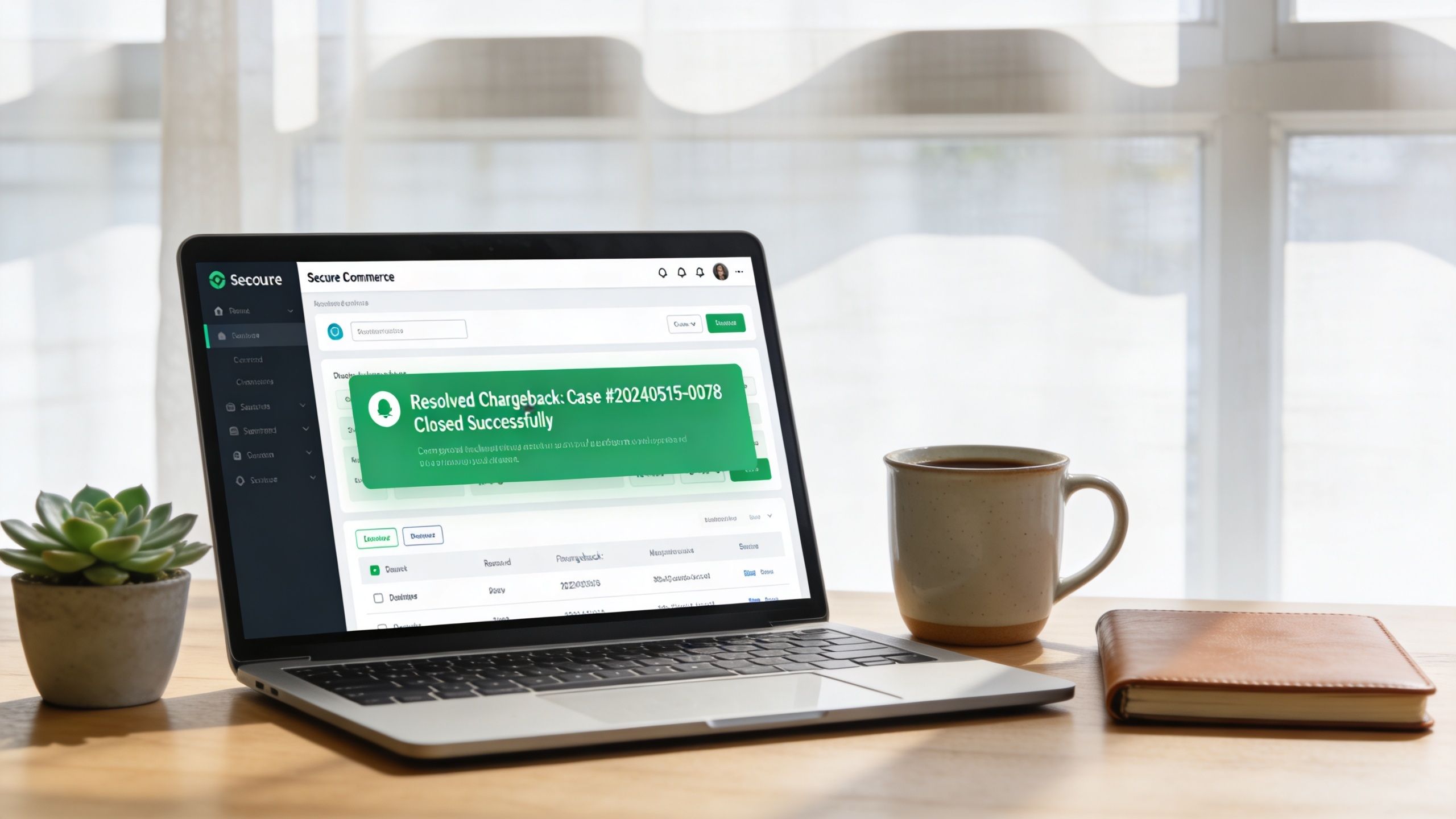 A laptop screen displaying a successful chargeback resolution notification for a retail business commerce dashboard.