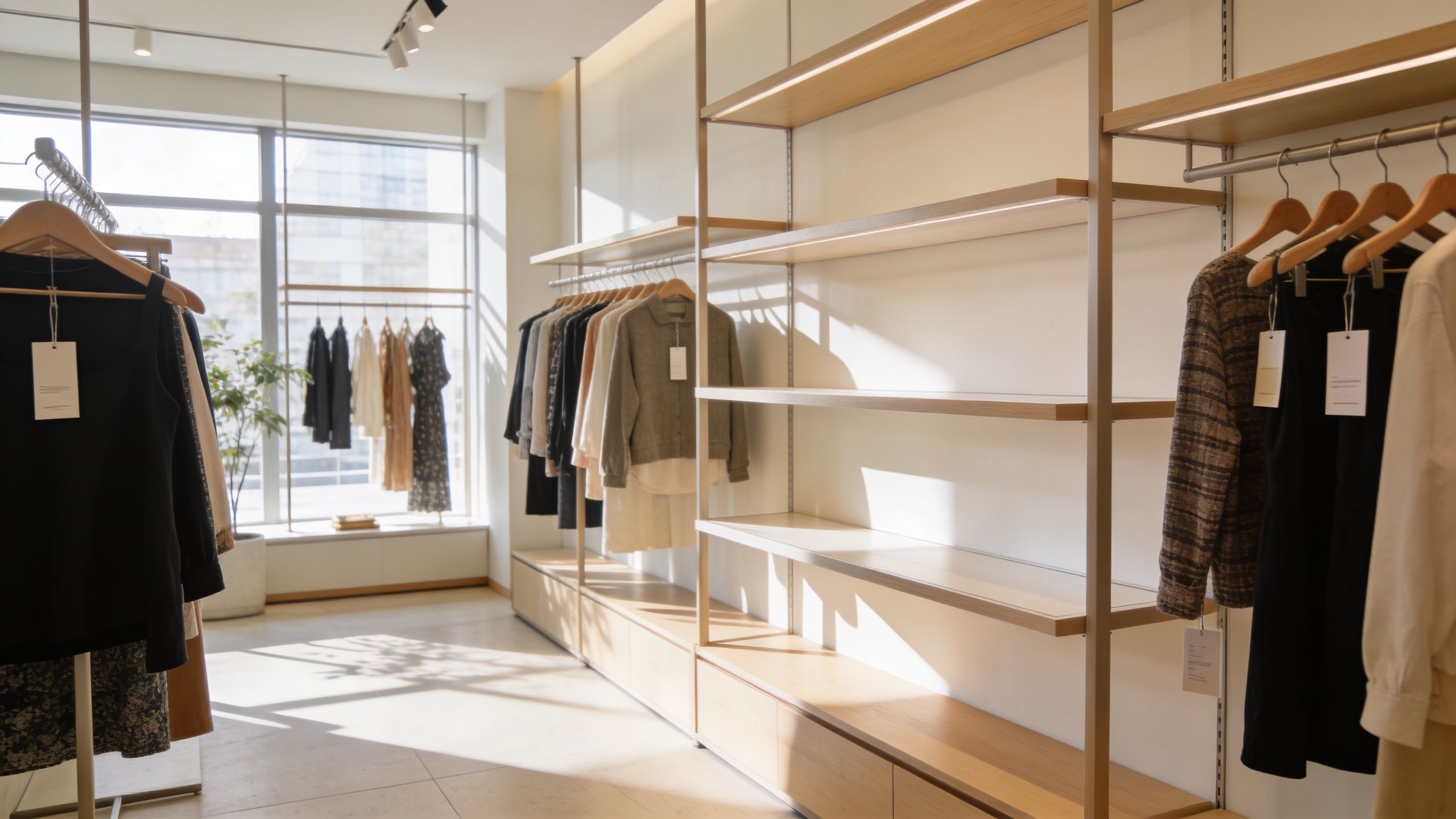 Inside a minimalist clothing store featuring elegant wooden shelving units and clothing racks filled with stylish garments.