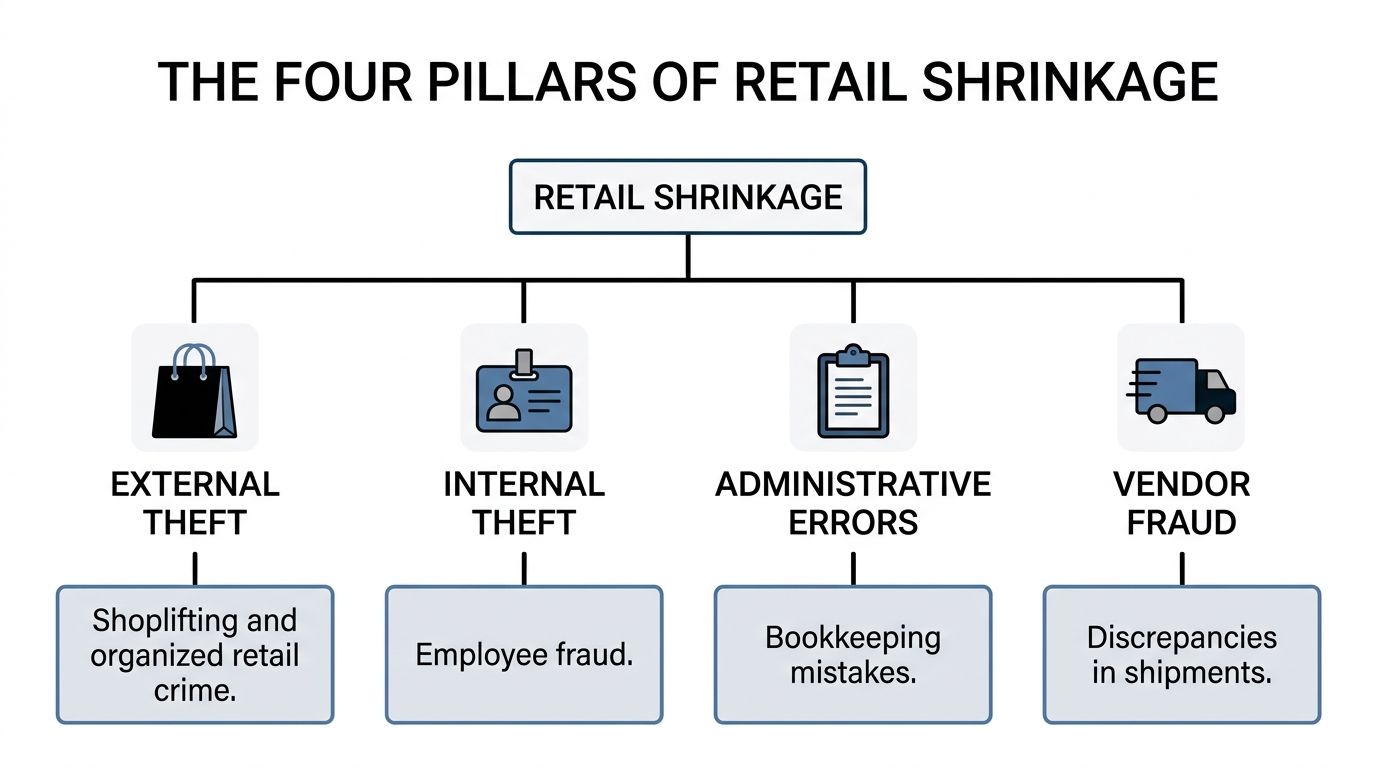 A diagram illustrating the four pillars of retail shrinkage: external theft, internal theft, administrative errors, and vendor fraud.