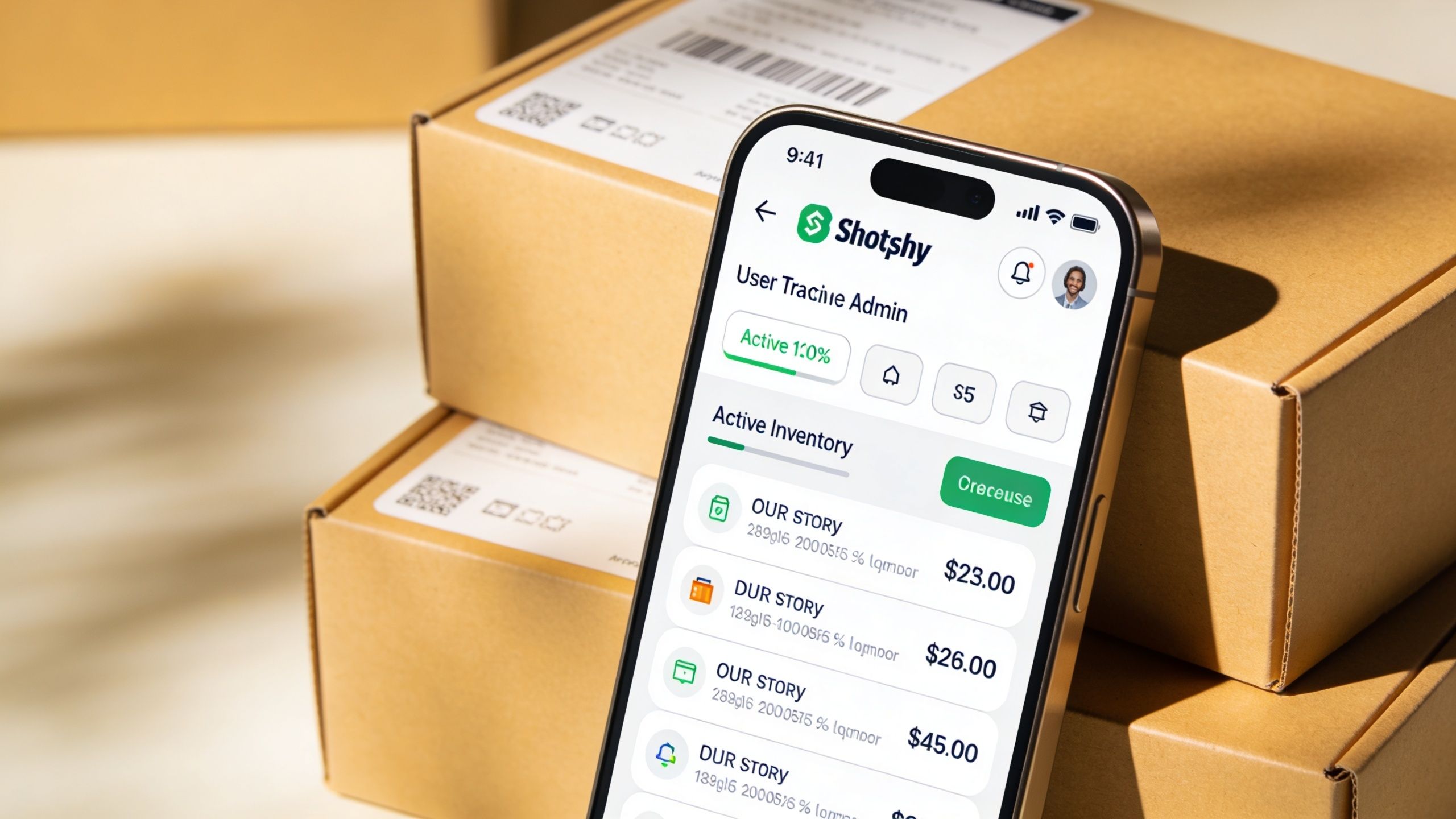 A smartphone screen displaying a business inventory tracking application held against a background of stacked cardboard shipping boxes.