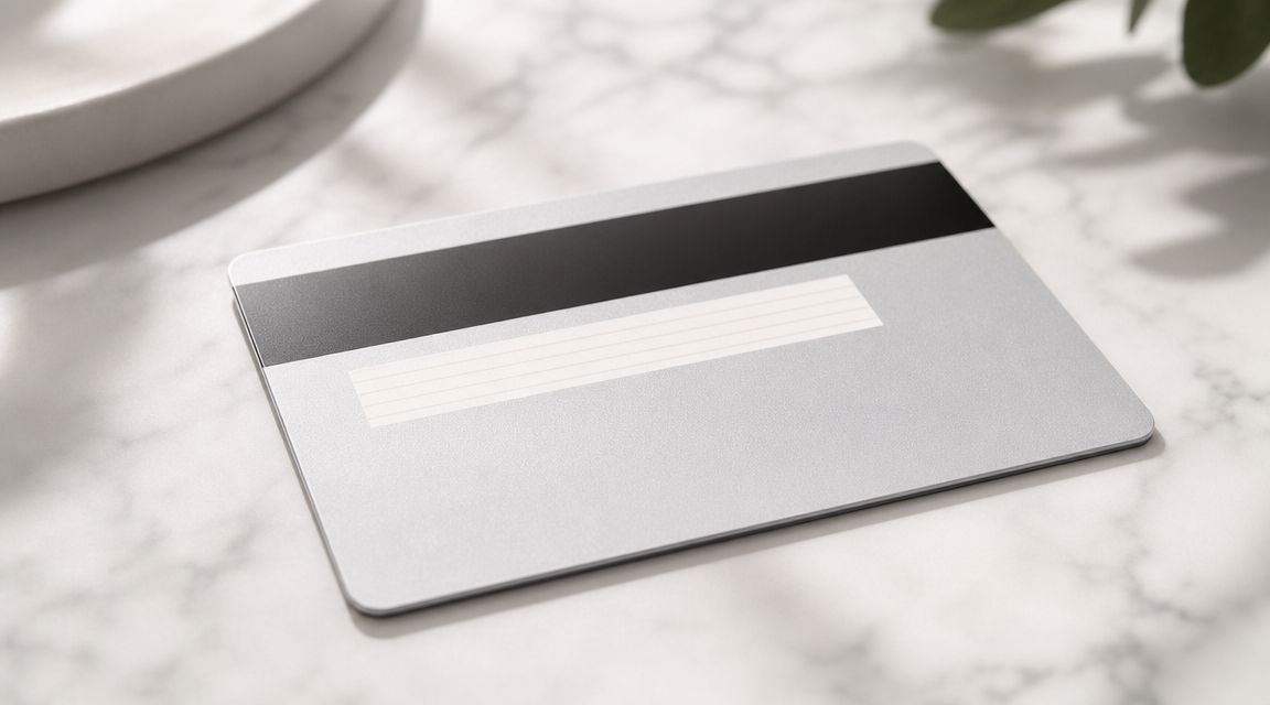 A blank silver credit card lying on a white marble surface, showing the magnetic stripe and signature line.