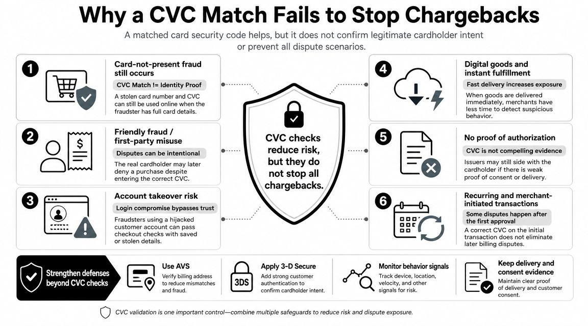 An infographic explaining why card verification code matches are insufficient to prevent online payment chargebacks.