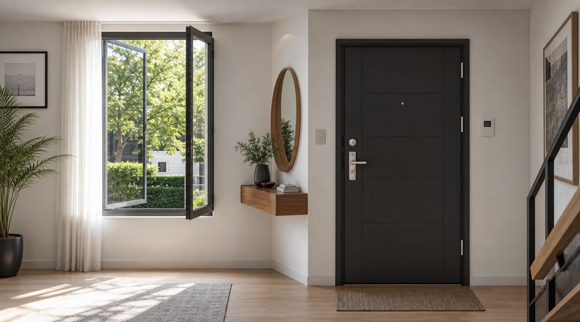 A modern entryway featuring a black front door, a floating console table, and an open window.