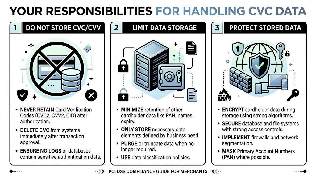 A compliance guide for merchants regarding the secure handling and storage of CVC and cardholder data.
