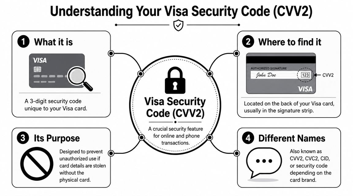 An infographic explaining what a Visa security code is, where to find it, and its primary purpose.