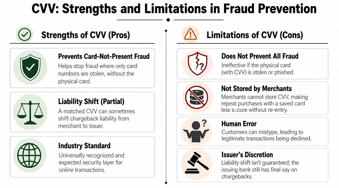 An infographic detailing the various strengths and limitations of using CVV codes for online payment fraud prevention.