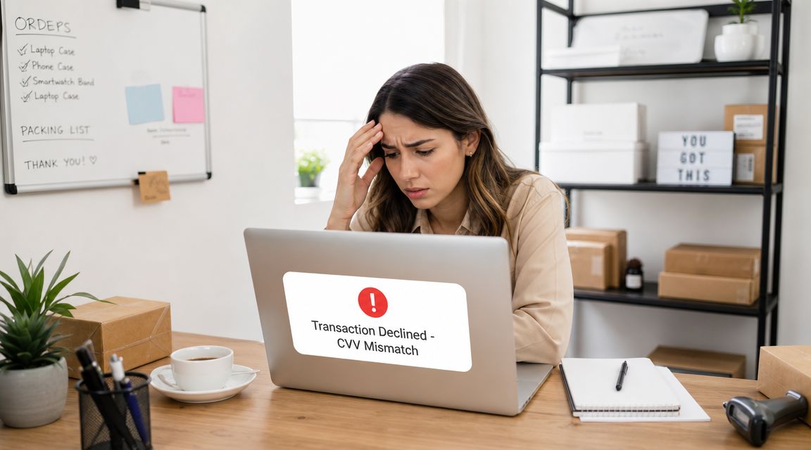 A distressed woman looking at her laptop screen showing a transaction declined error due to CVV mismatch.