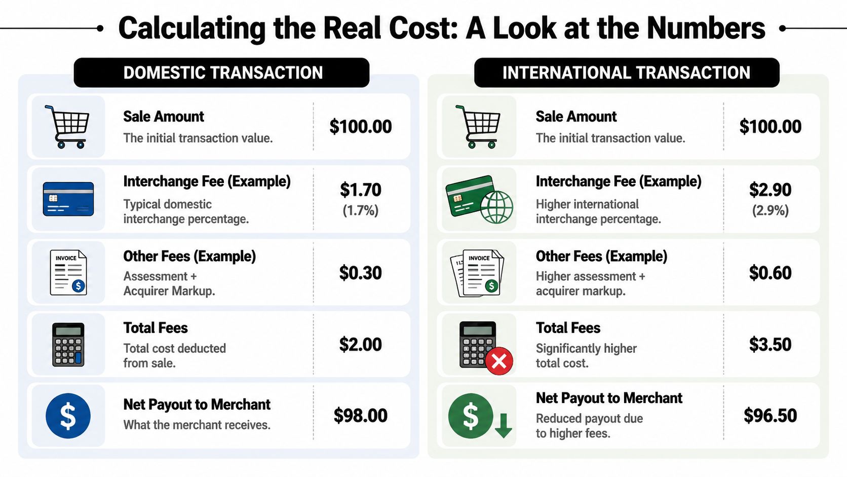A comparison chart showing the breakdown of costs between domestic and international credit card transactions for merchants.