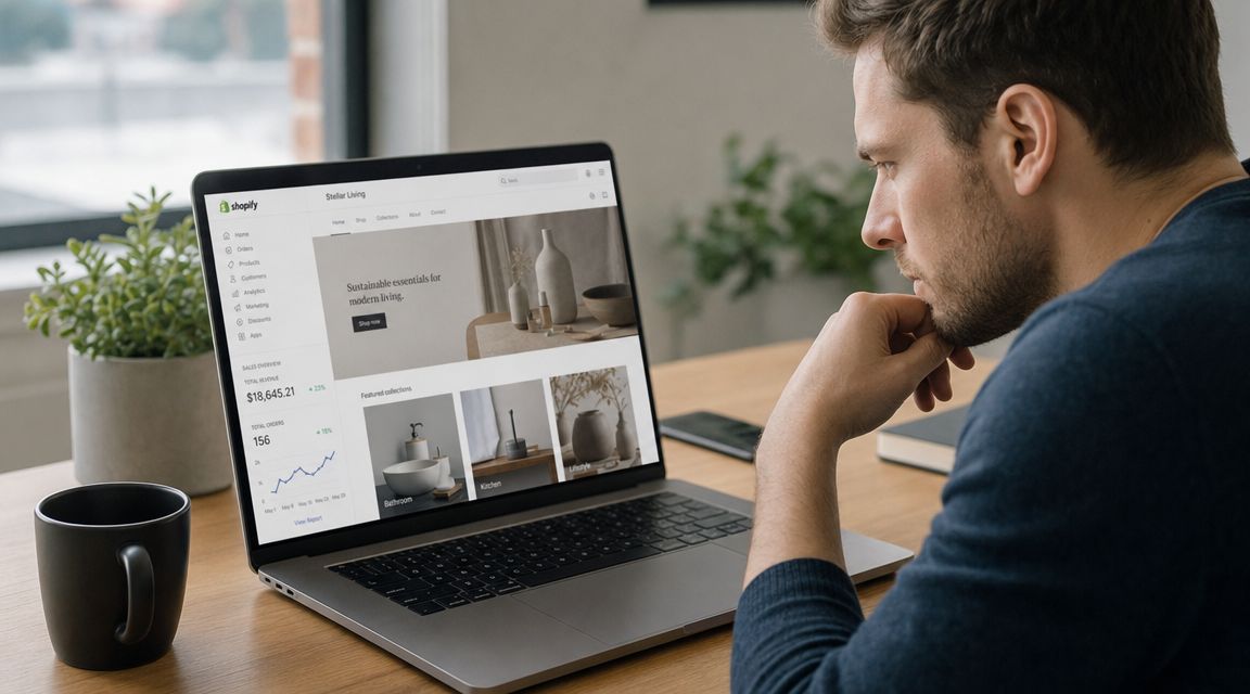 A focused man working on his laptop while managing his Shopify e-commerce store dashboard at a desk.