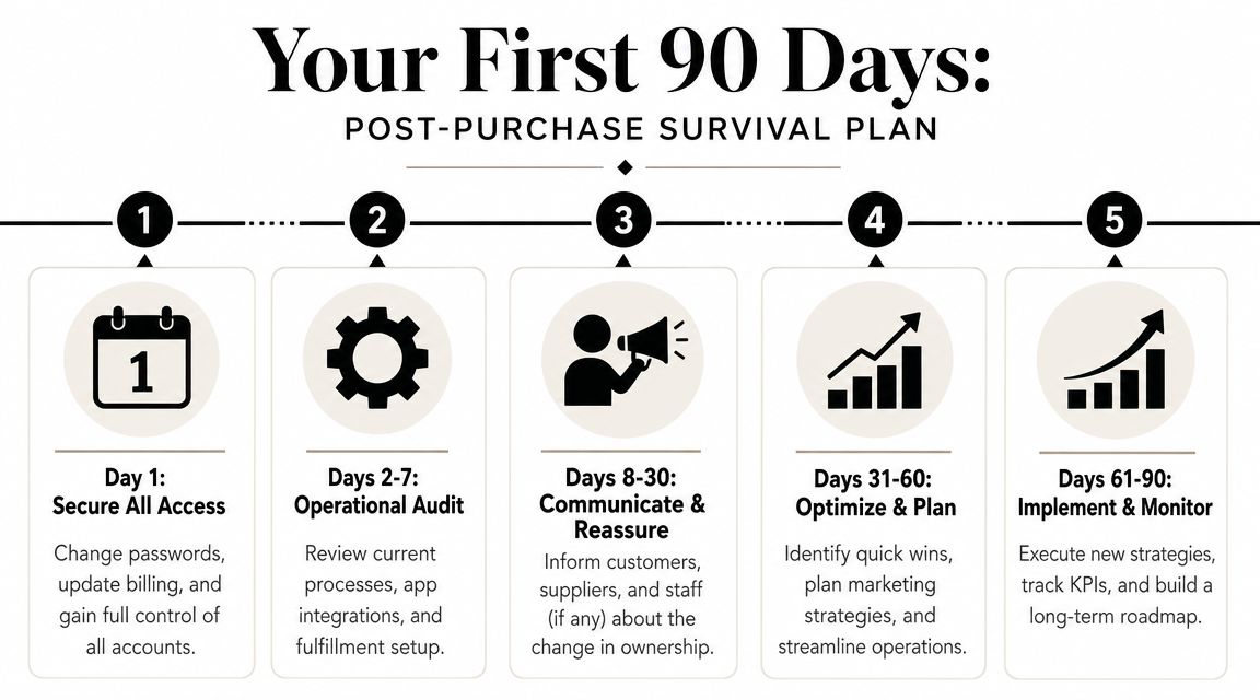 A five-step business survival guide infographic for new shopify store owners covering the first 90 days.