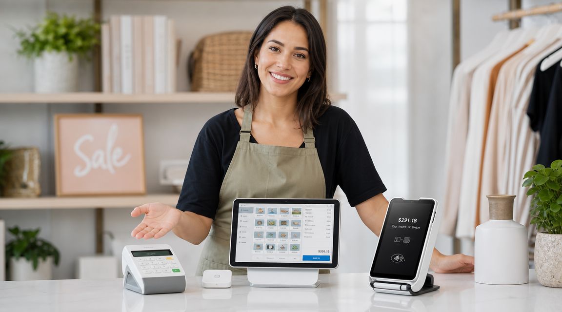 A smiling retail employee standing behind a counter with various credit card payment terminals and a screen.