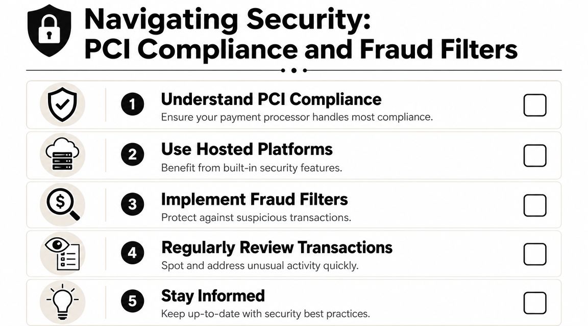 An infographic titled Navigating Security: PCI Compliance and Fraud Filters featuring five numbered security tips for businesses.
