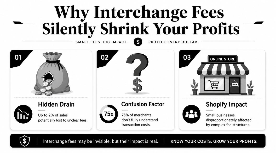An infographic explaining how interchange fees and transaction costs negatively impact small business profits and sales.