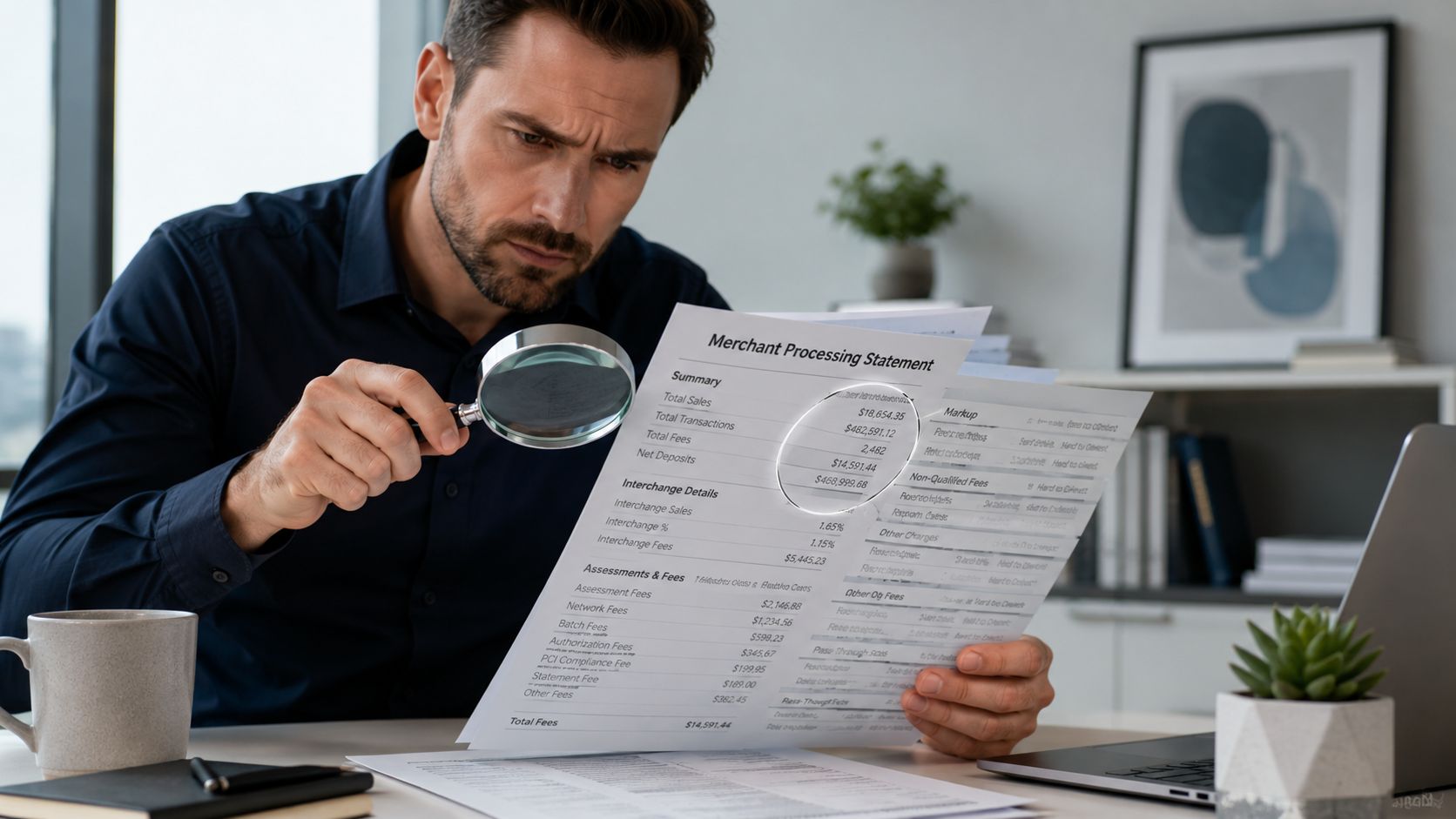 A focused man wearing a dark shirt examines a merchant processing statement with a magnifying glass.