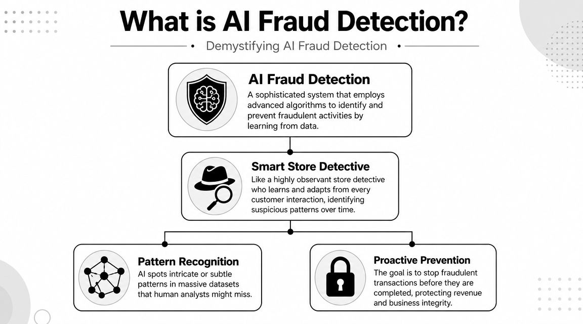 An infographic explaining AI fraud detection with concepts like pattern recognition and proactive prevention.