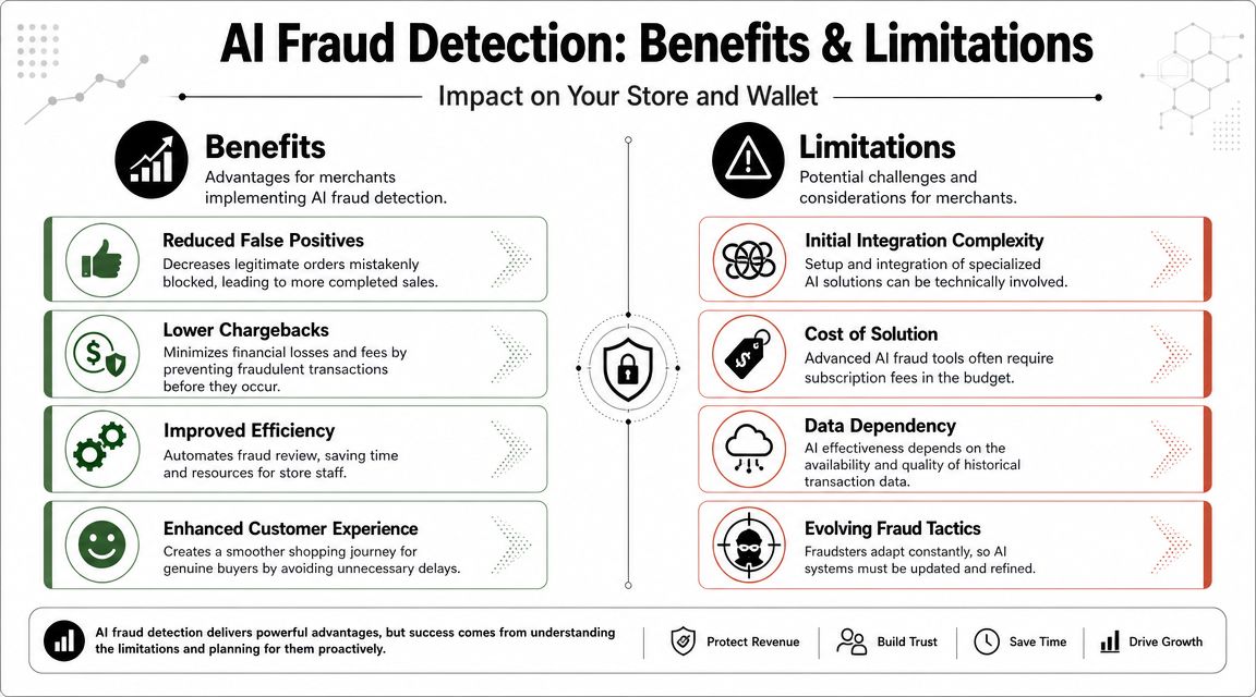 An infographic titled AI Fraud Detection: Benefits and Limitations explaining its impact on e-commerce business.
