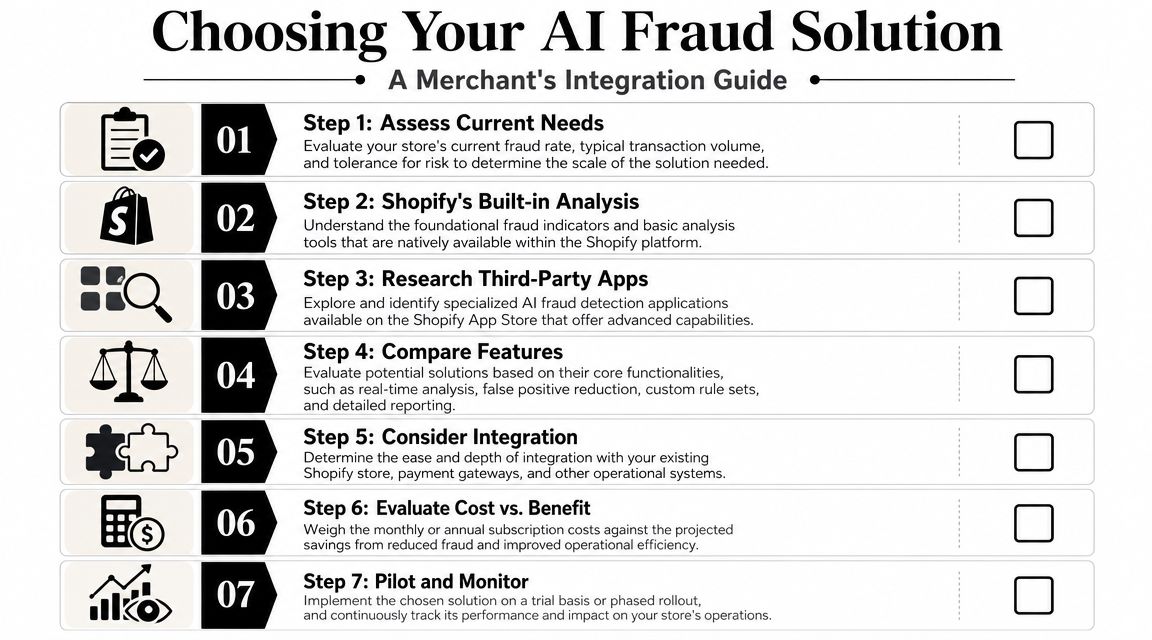A step-by-step infographic guide for merchants on choosing an AI-powered fraud detection solution for their store.