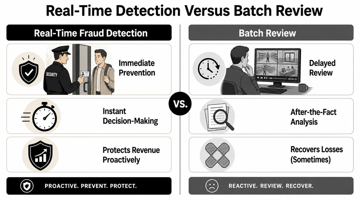 A comparison chart showing the differences between proactive real-time fraud detection and reactive batch review processes.