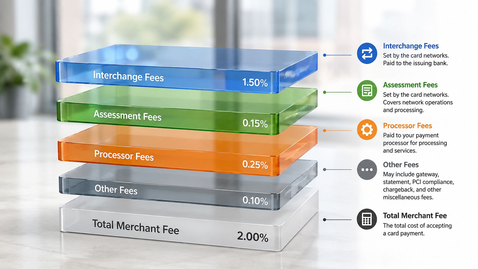 A layered infographic showing the components of a merchant fee including interchange, assessment, processor, and other fees.