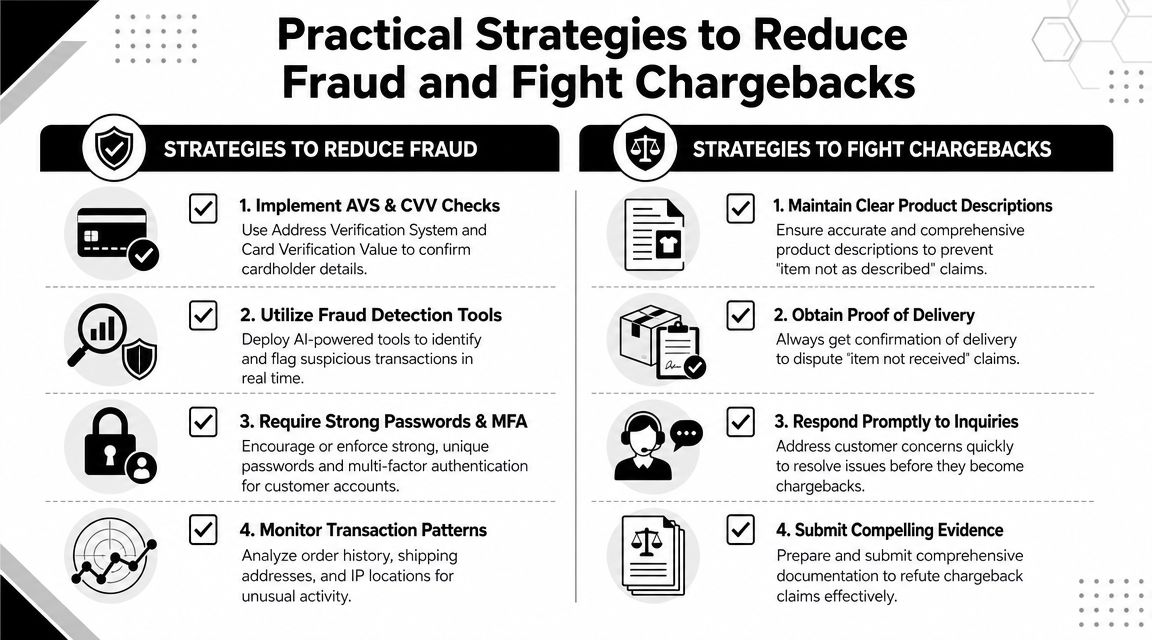 An infographic detailing practical strategies to reduce payment fraud and effectively fight chargebacks in e-commerce businesses.