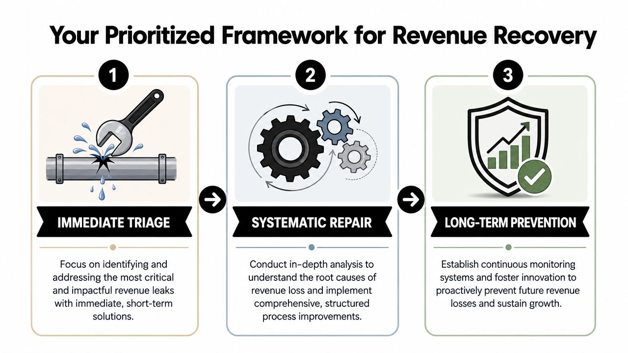 A three-step framework chart for business revenue recovery including triage, repair, and long-term prevention strategies.