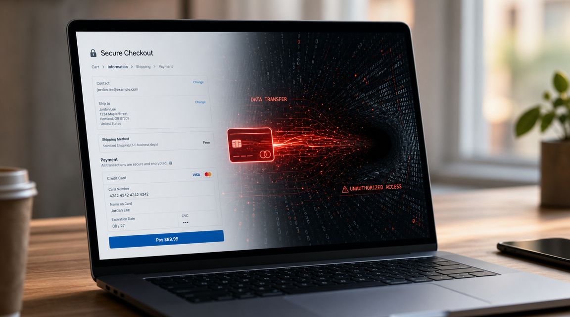 A laptop screen displaying a secure checkout page while a digital breach shows unauthorized credit card data.