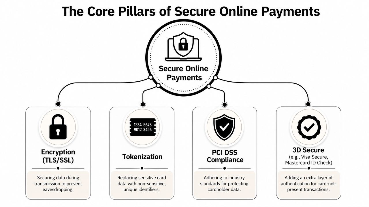 A diagram illustrating the four core pillars of secure online payments: encryption, tokenization, PCI DSS, and 3D Secure.