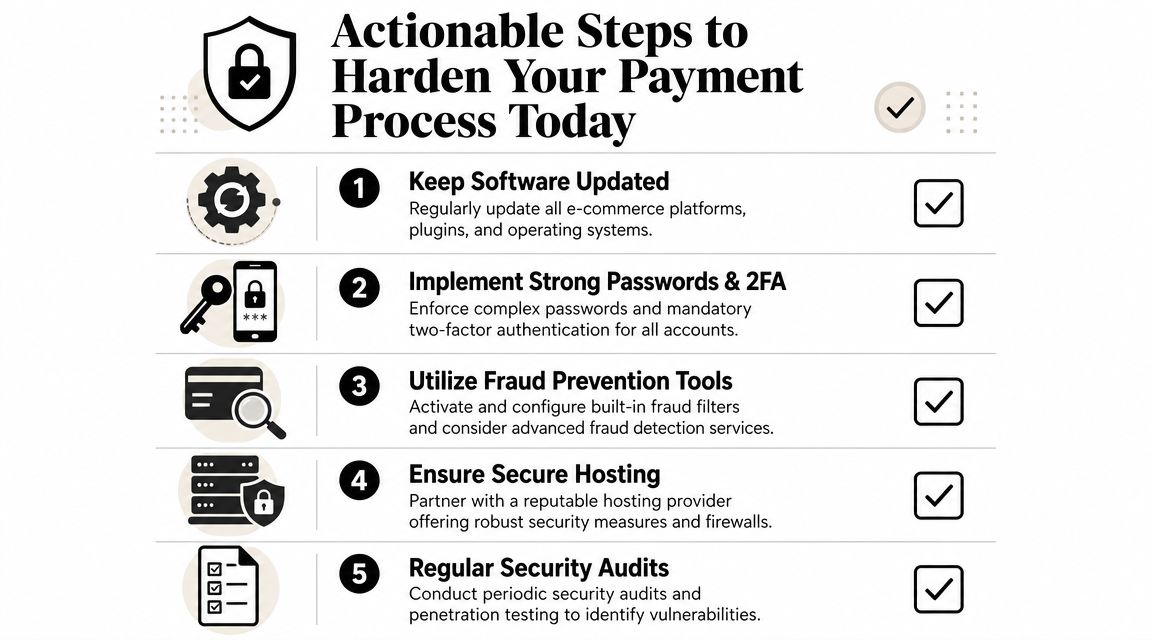 An infographic titled Actionable Steps to Harden Your Payment Process listing five security measures for businesses.