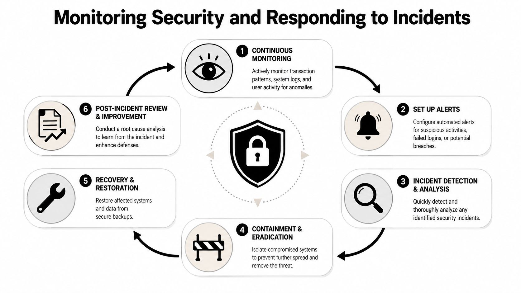 A diagram illustrating the six-step process for monitoring security and responding to potential cyber incidents effectively.