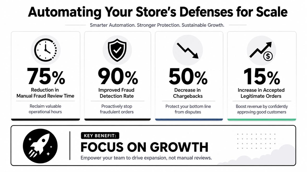 An infographic showing statistics on how automated fraud defense helps online stores save time and increase revenue.