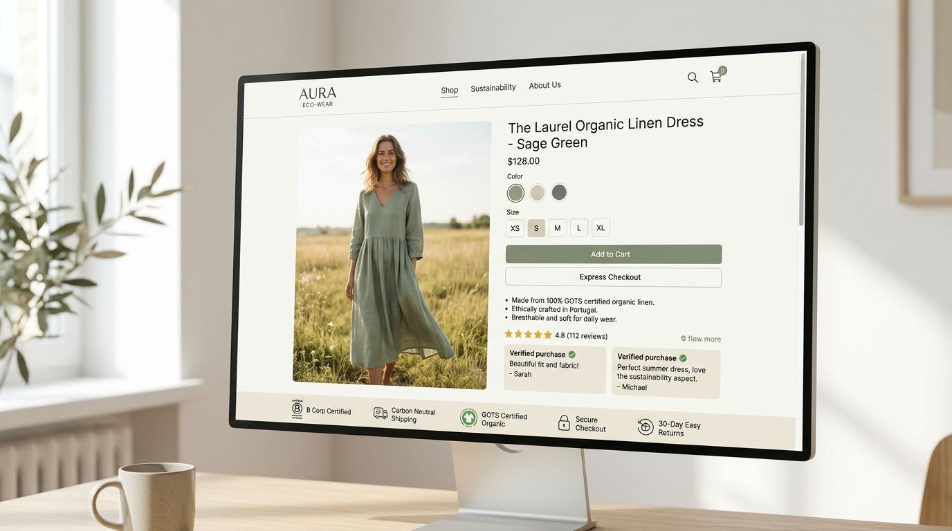 A computer screen displaying an online Shopify clothing store featuring The Laurel Organic Linen Dress for sale.