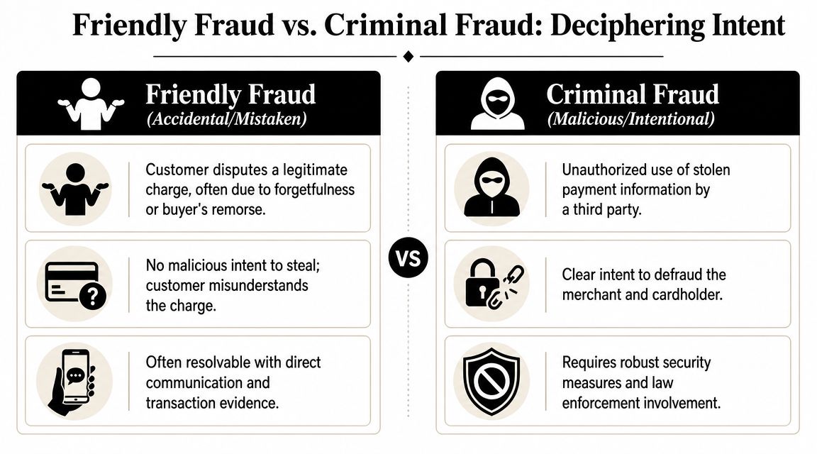 A comparison chart outlining the key differences between friendly fraud and criminal fraud for businesses.