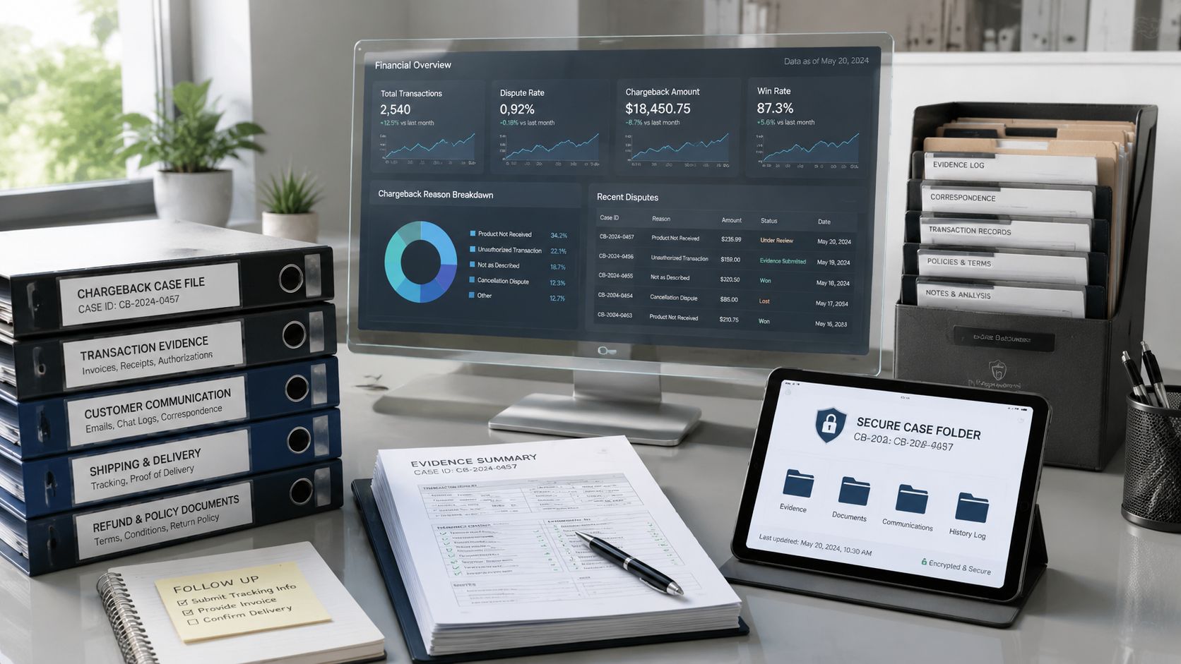 A professional digital workspace featuring a transparent monitor displaying financial chargeback statistics and case documents.