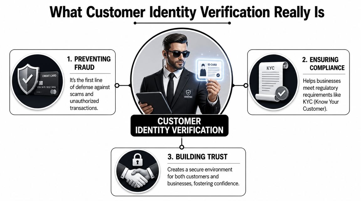An infographic titled What Customer Identity Verification Really Is showing fraud prevention, compliance, and trust building.