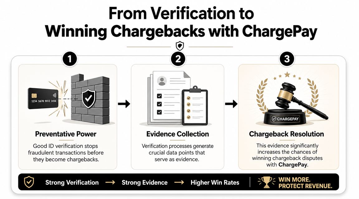 A diagram illustrating the ChargePay process from identity verification to winning chargeback disputes through data collection.