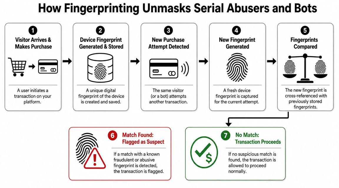 A flowchart explaining how device fingerprinting identifies serial abusers and bots during online purchase transactions.