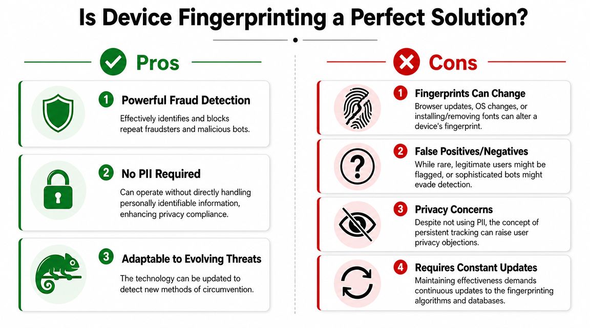 A comparison infographic showing pros and cons of device fingerprinting for security and fraud detection.