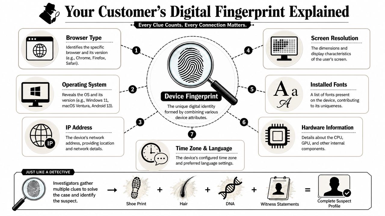 An infographic explaining device fingerprinting components including browser, operating system, IP address, fonts, and hardware information.