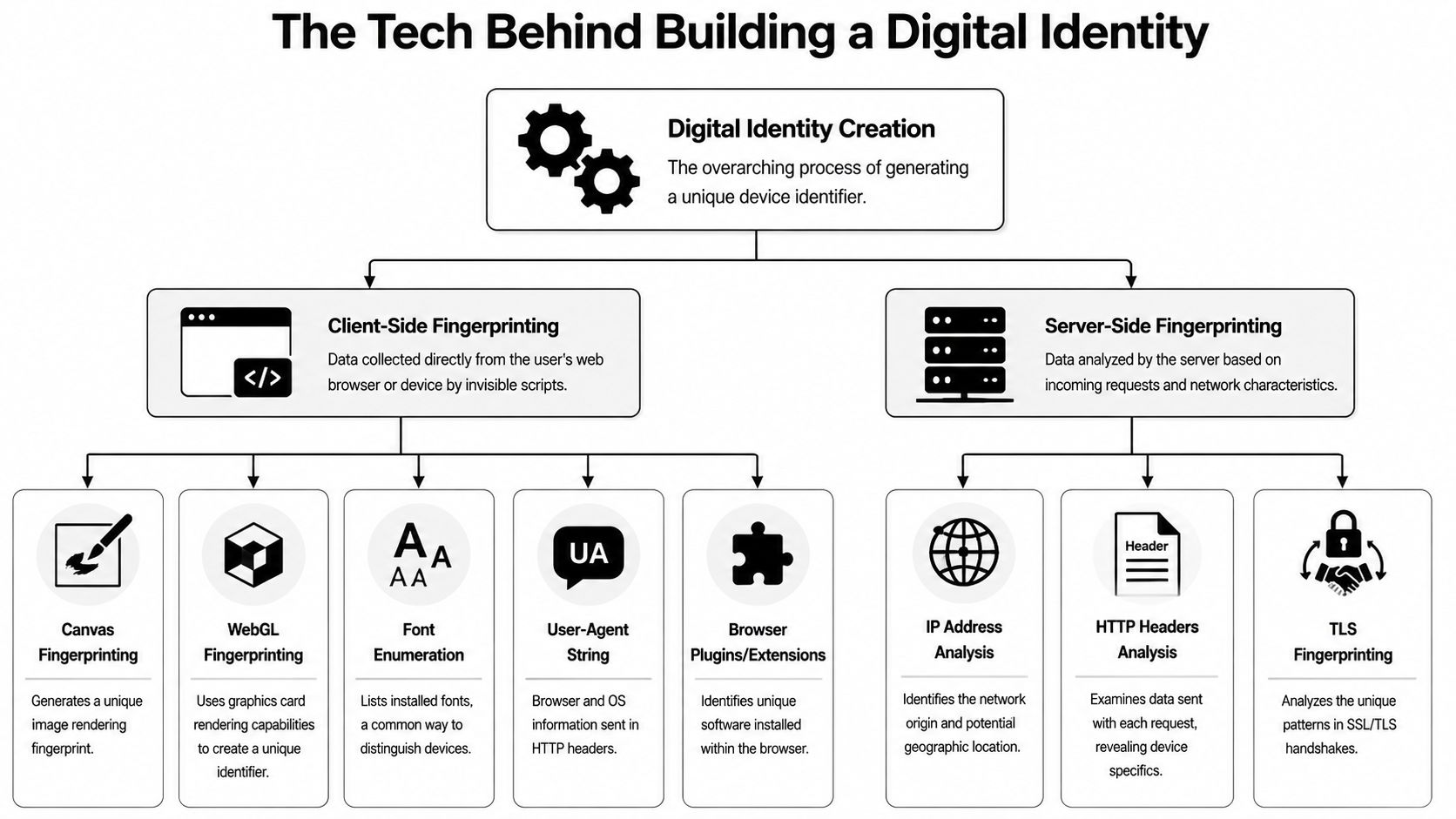 A diagram illustrating the technical process of building a digital identity through client-side and server-side fingerprinting methods.