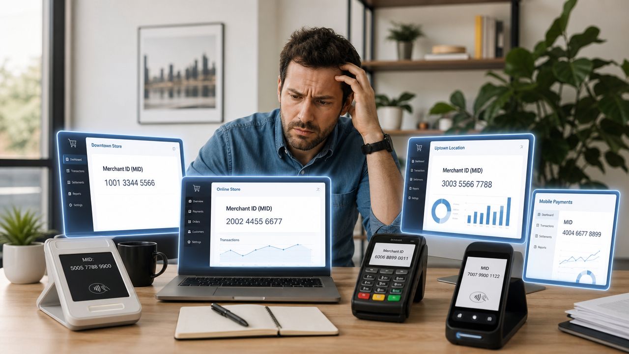 A concerned business owner looking at multiple screens and card terminals displaying various merchant ID numbers.