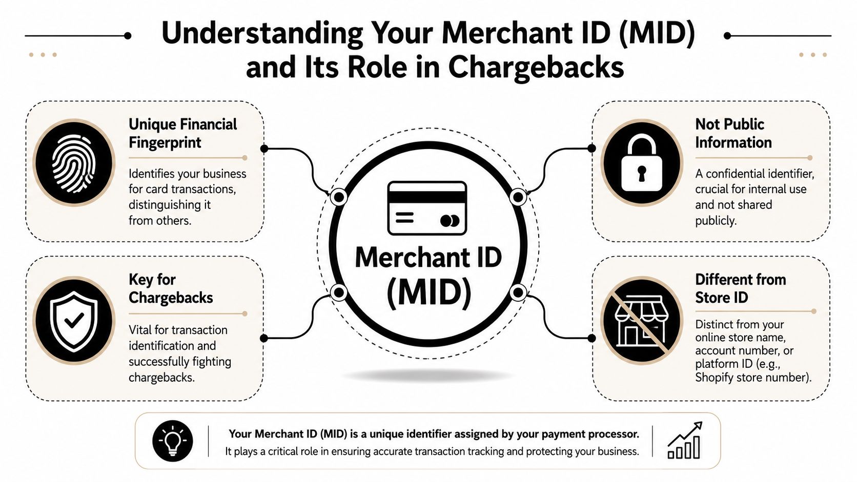 An infographic explaining the role of a Merchant ID in processing card transactions and managing chargebacks.