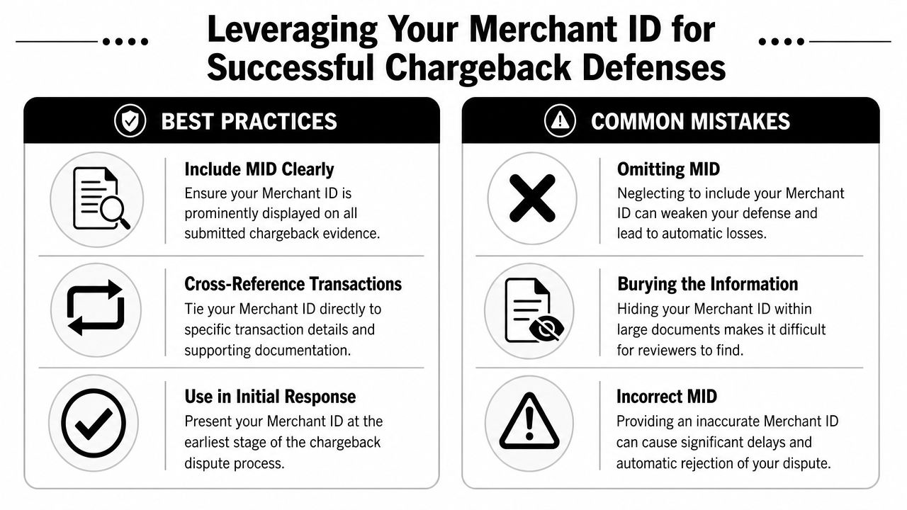 An infographic detailing best practices and common mistakes when using a Merchant ID for chargeback disputes.