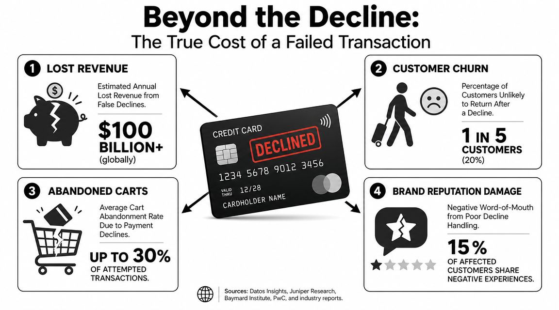 An infographic titled Beyond the Decline showing the four major business costs of failed credit card transactions.
