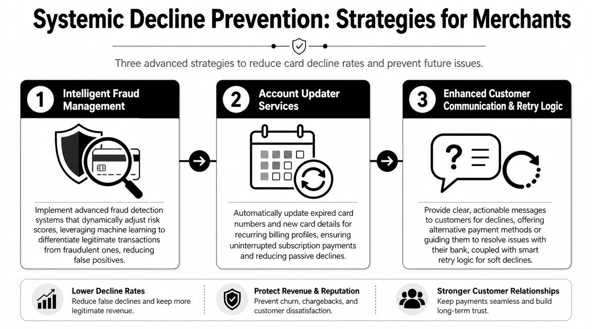 An infographic showing three advanced merchant strategies to prevent systemic credit card declines and improve payment success.