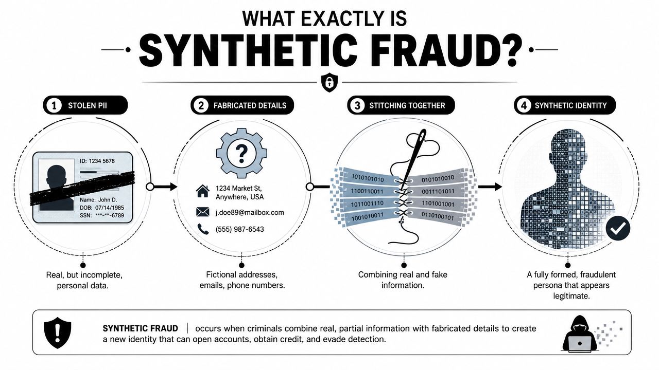 A four-step infographic explaining how criminals use stolen PII and fabricated details to create synthetic identities.