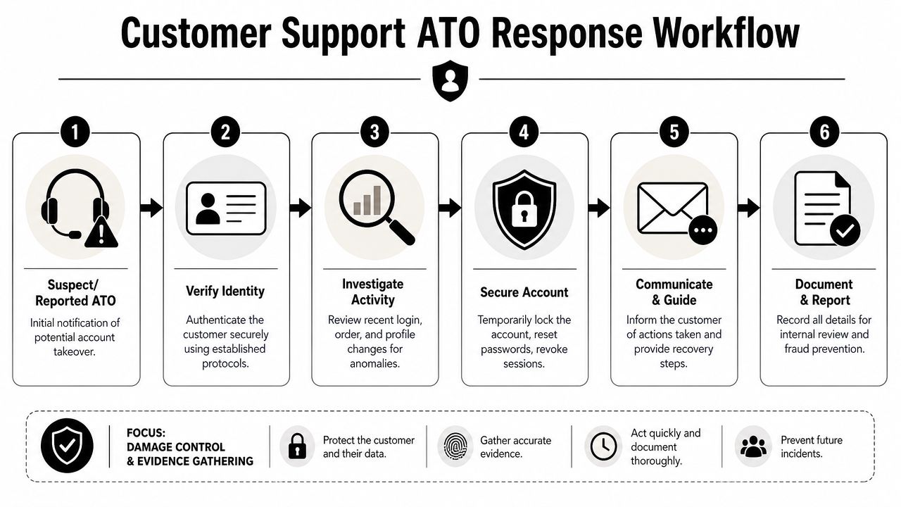 A six-step workflow diagram outlining the procedure for customer support teams to respond to account takeovers.