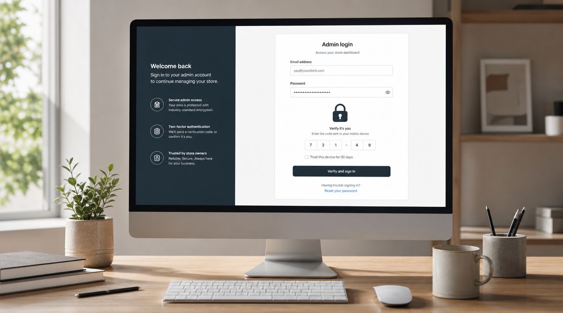 Computer screen showing an admin login page with two-factor authentication fields on a clean desk workspace.