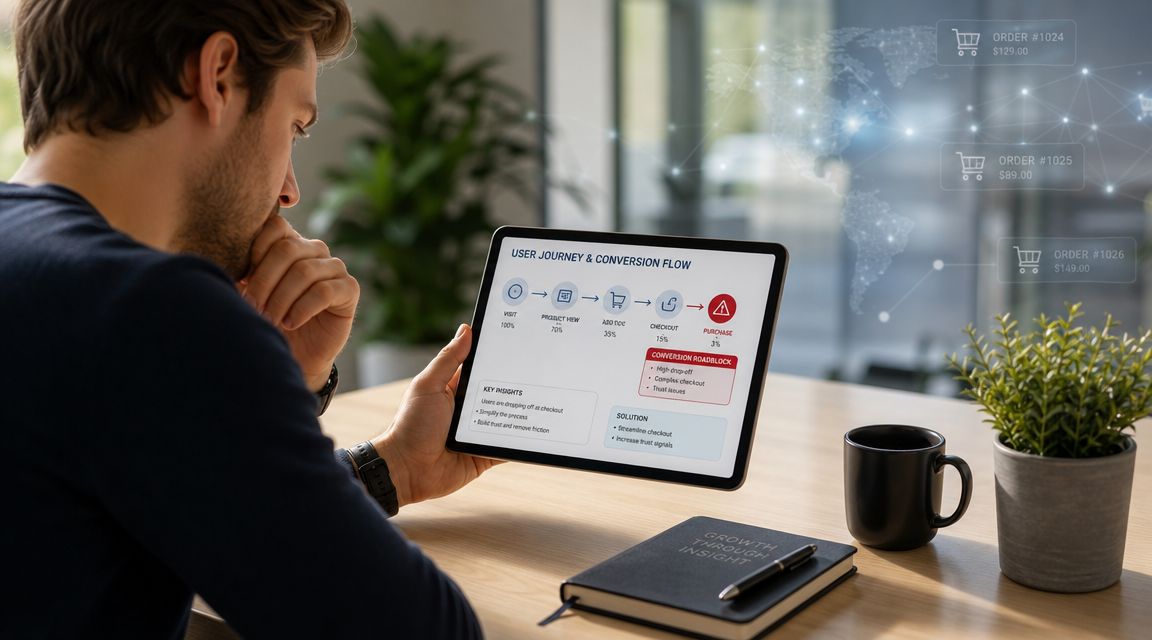 A professional analyzing a user journey and conversion flow chart on a digital tablet at a desk.