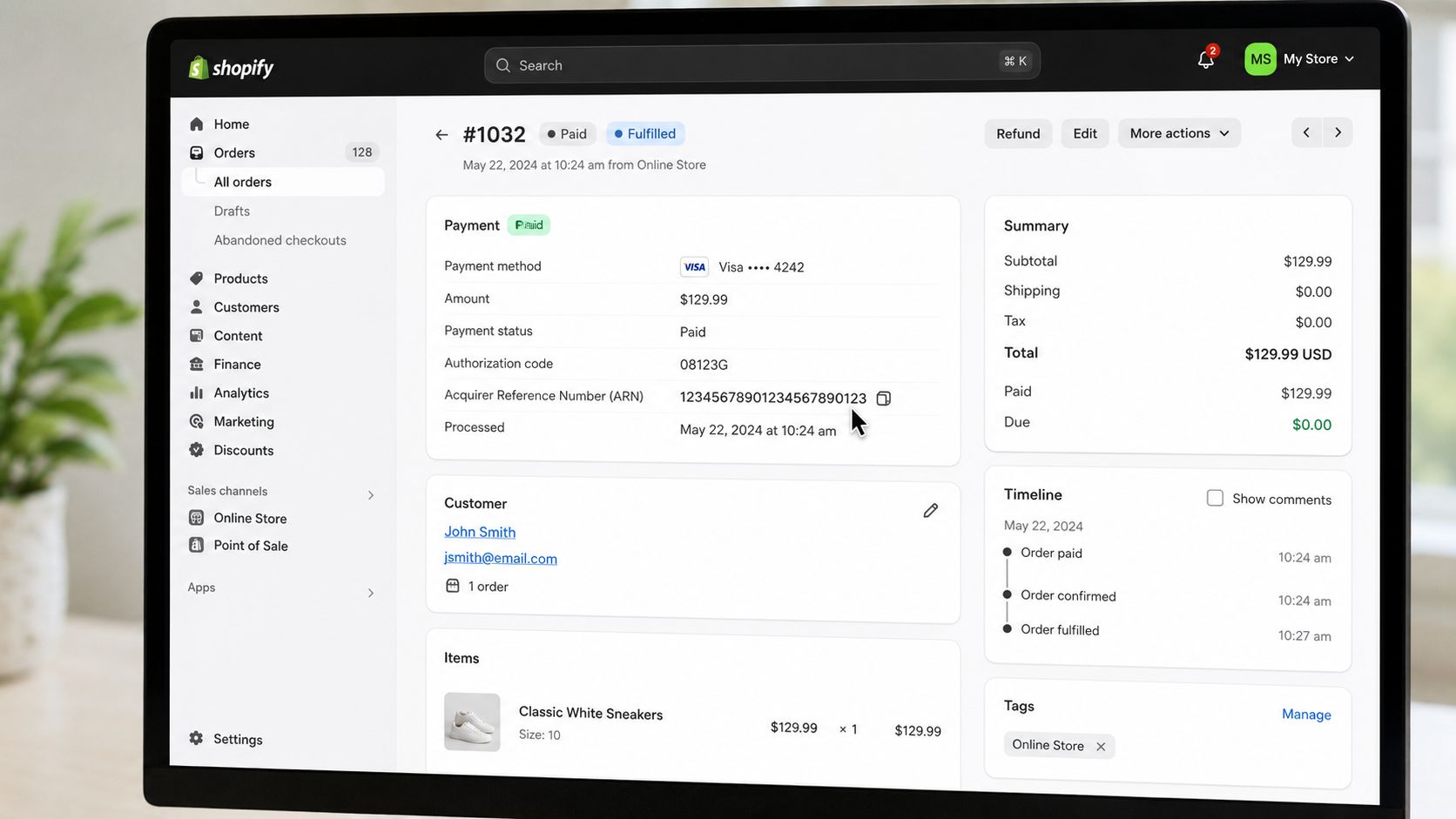 A digital view of a Shopify order details page showing the Acquirer Reference Number (ARN) field.