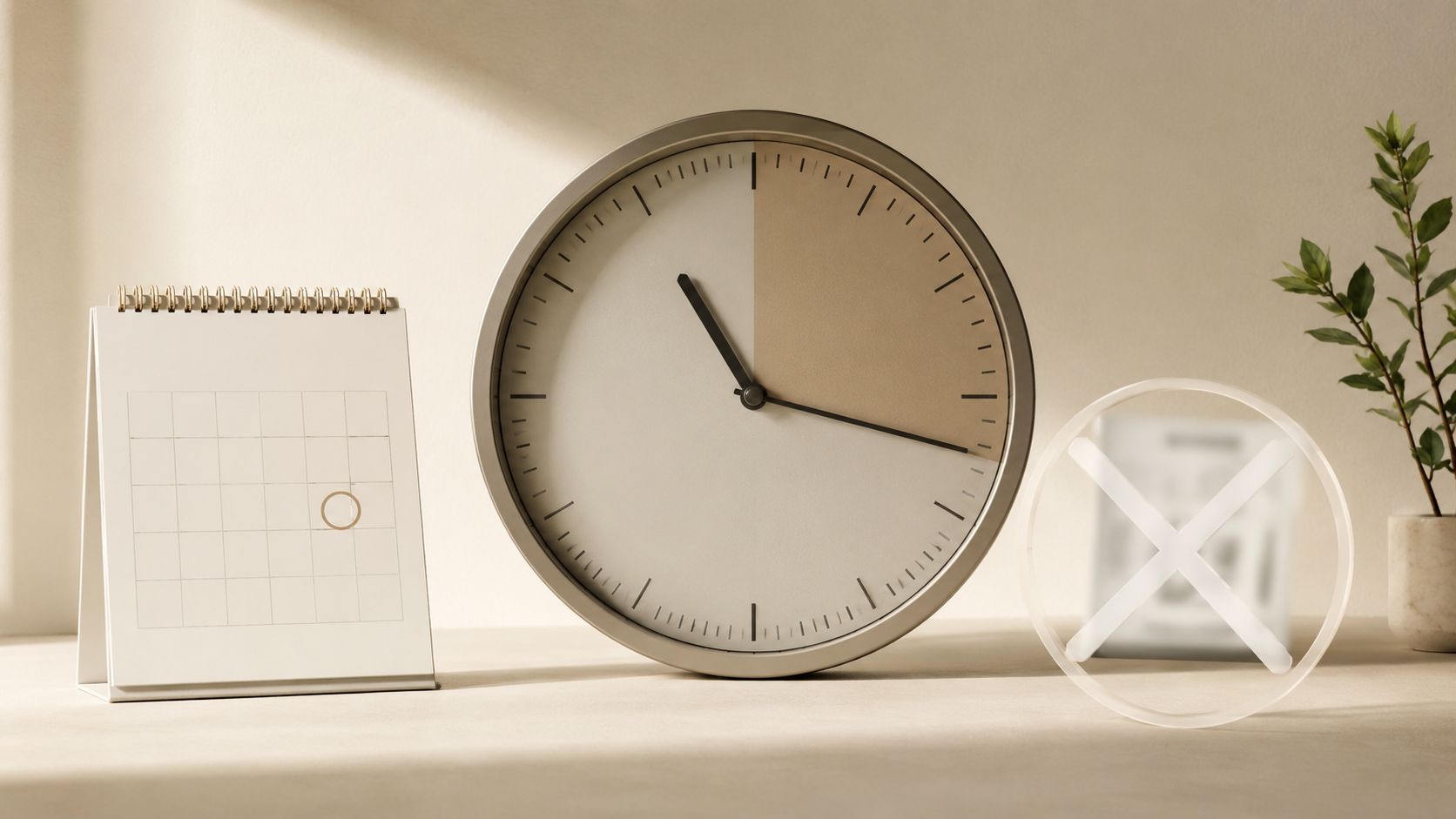 A desk setup featuring a calendar with a circled date, a minimalist wall clock, and a decorative object.